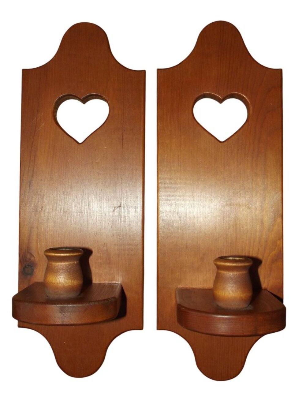 2 Wooden Wall Sconces Candle Holders 15" wood heart cutout set pair lot